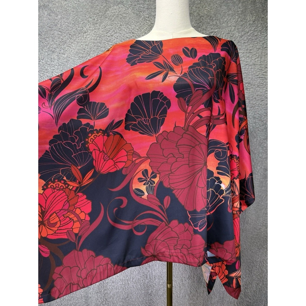 Chico's Red Floral Chiffon Poncho Top Women L/XL Sheer Pullover Boho Overlay - Picture 5 of 10